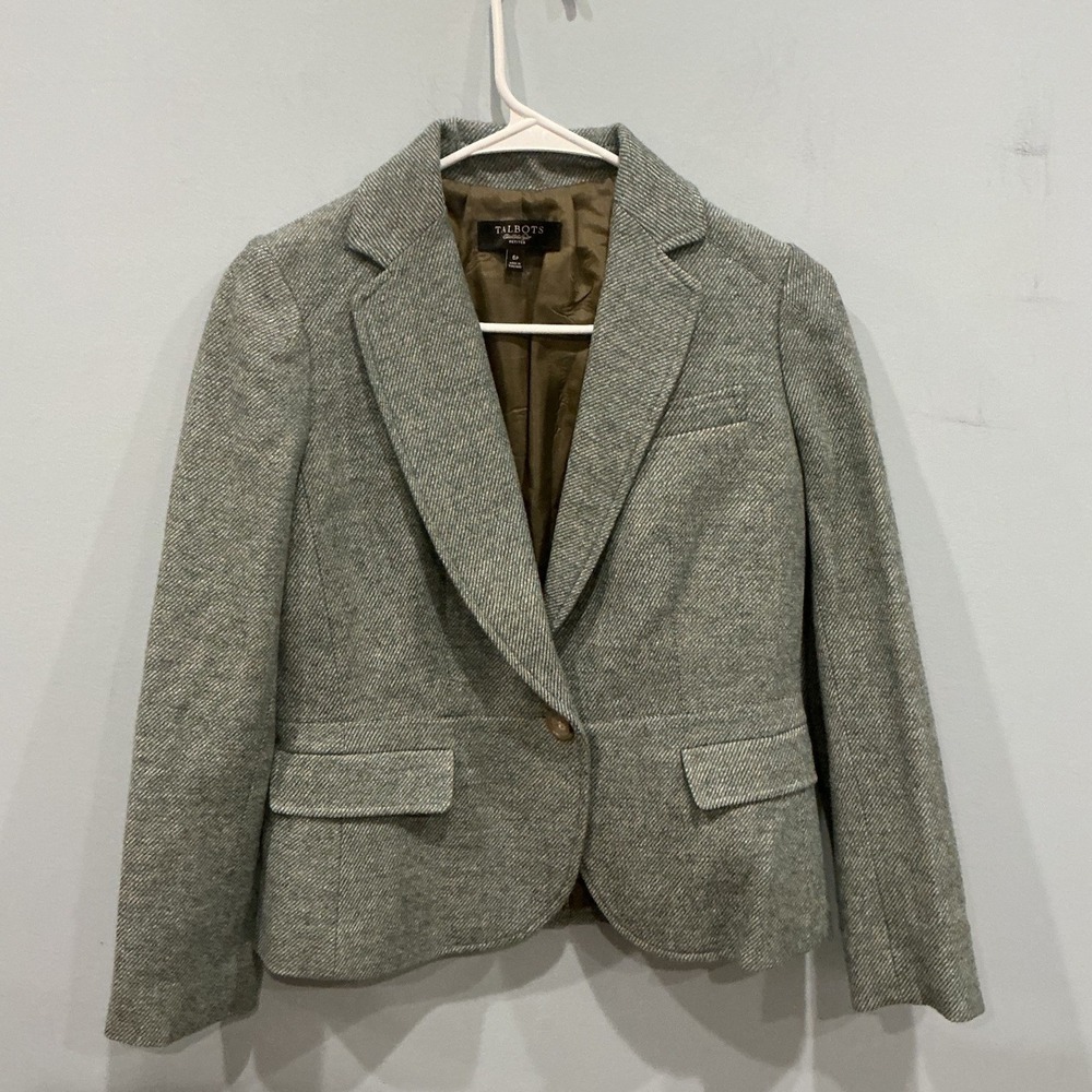 Talbots Womens Wool Blend Tweed Blazer 6P Blue Herringbone Office Work Academia